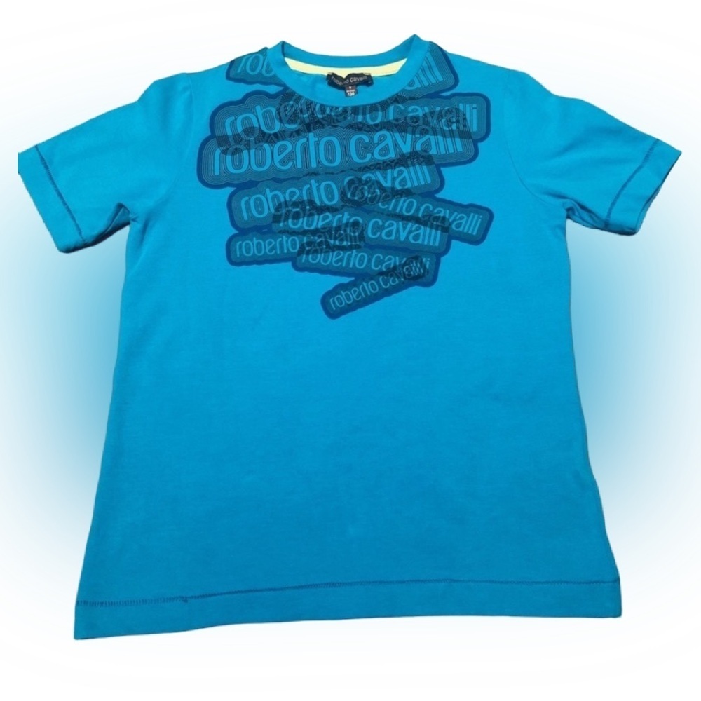 Roberto Cavalli  authentic repeating spell out graphic boys T-shirt. Size 7 Blue